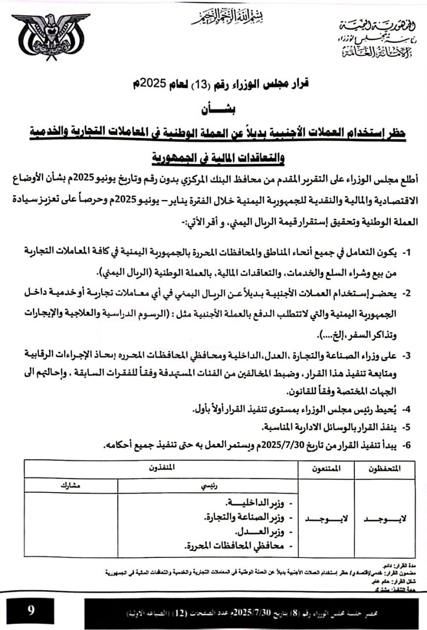 مجلس الوزراء يحظر التعامل بالعملات الأجنبية في المعاملات المحلية