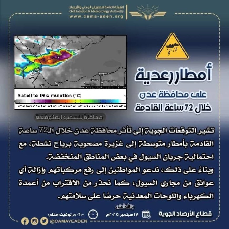 العاصمة عدن عدن على موعد مع أجواء ماطرة ورياح نشطة في ال 72 ساعة قادمة